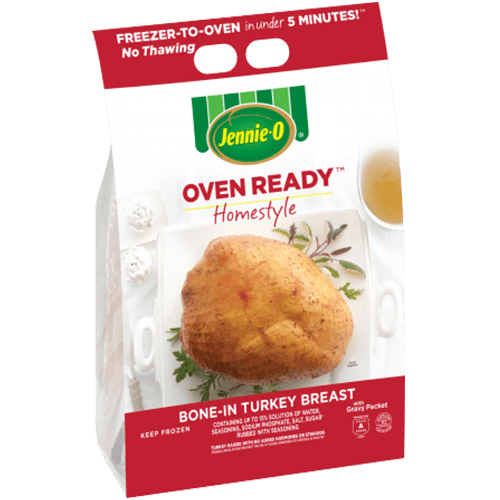 JENNIE-O® Oven Ready™ Homestyle Bone-In Turkey Breast in its red and white bag with a picture of a cooked turkey breast on a white plate.
