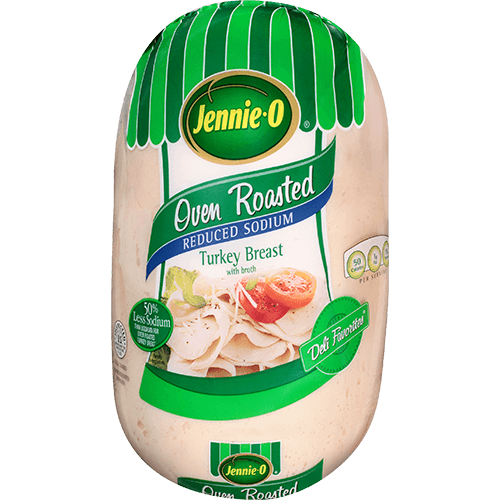 JENNIE-O® Oven Roasted Reduced Sodium Turkey Breast in Wrapped Packaging with deli-sliced turkey breast meat topped with herbs and tomatoes.