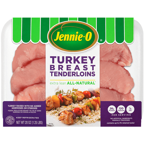 Three JENNIE-O® Turkey Breast Tenderloins in a wrapped package, featuring a label with a turkey and vegetable kabob.