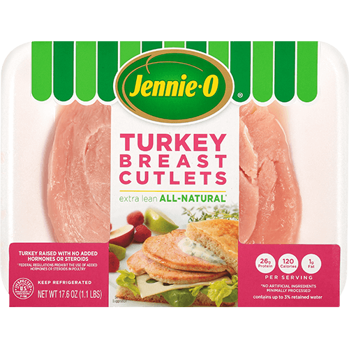 JENNIE-O® Turkey Breast Cutlets extra lean in a white package with a picture of a turkey cutlet sandwich.