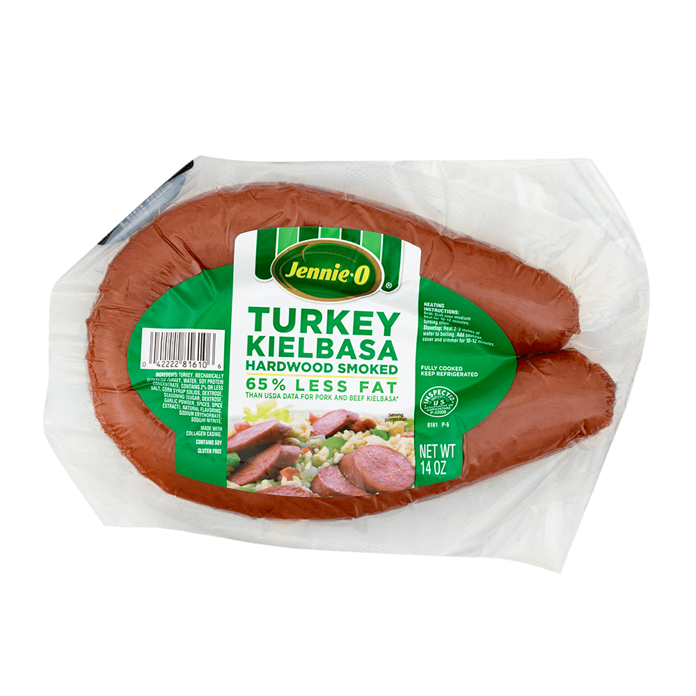 JENNIE-O® Turkey Kielbasa Hardwood Smoked 65% Less Fat in a vacuum sealed package.