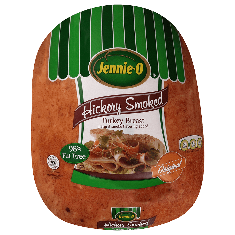 JENNIE-O® Hickory Smoked Turkey Breast in its clear packaging with a picture of a turkey sandwich topped with herbs.