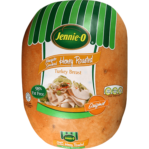 JENNIE-O® Mesquite Smoked Honey Roasted Turkey Breast in wrapped packaging with a picture of deli-sliced turkey topped with herbs.