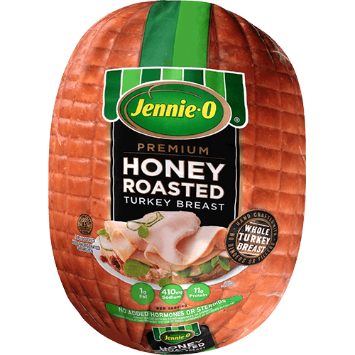 JENNIE-O® Honey Roasted Turkey Breast Premium wrapped in clear packaging with a picture of a turkey sandwich.