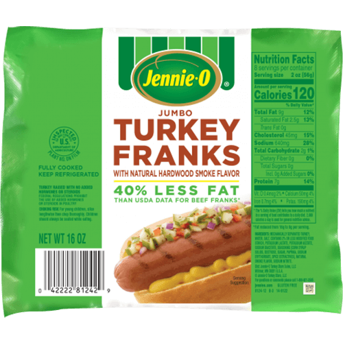 JENNIE-O® Jumbo Turkey Franks in their green and white packaging with a picture of a Chicago style hotdog topped with pickles, tomatoes, onions, and mustard.