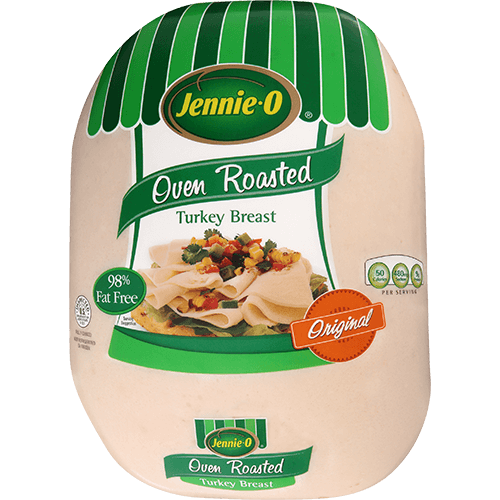 JENNIE-O® Oven Roasted Turkey Breast in branded packaging with a picture of an open-face turkey sandwich topped with herbs.