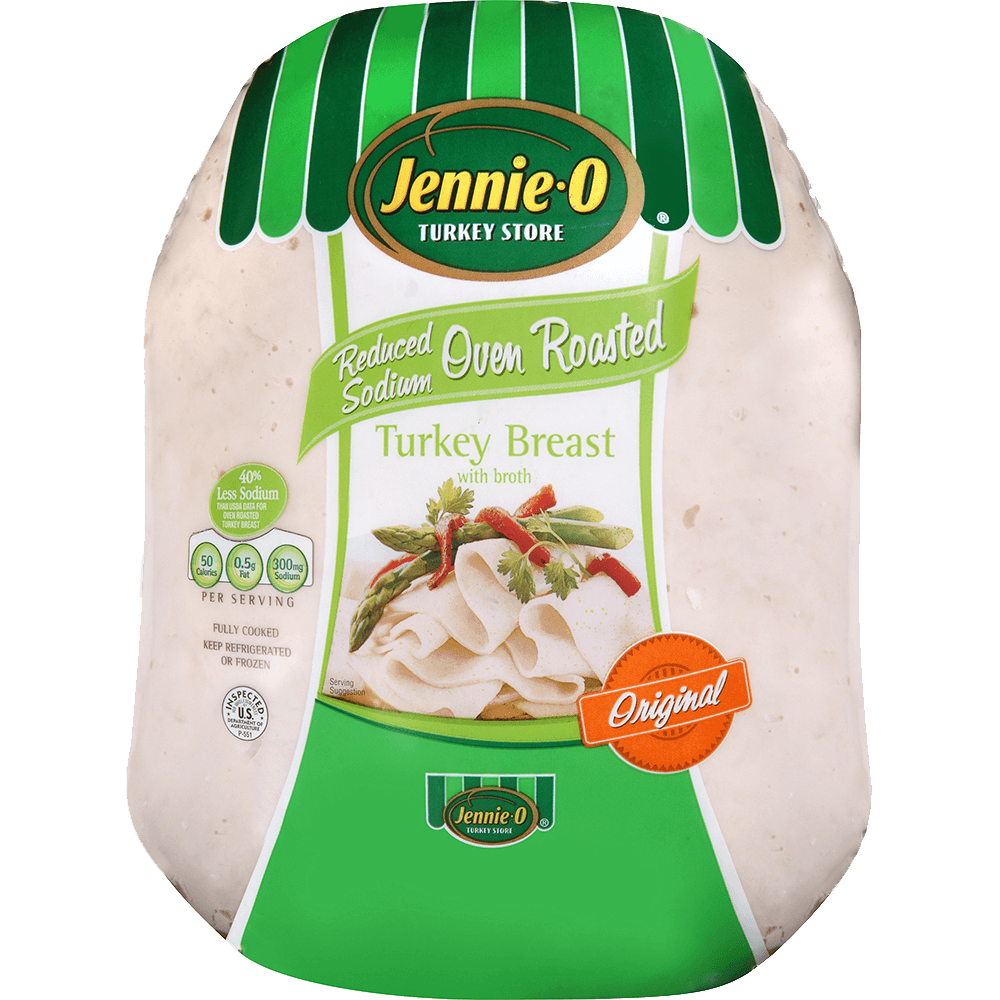 JENNIE-O® Reduced Sodium Oven Roasted Turkey Breast in packaging with deli slices of turkey meat topped with asparagus and herbs.