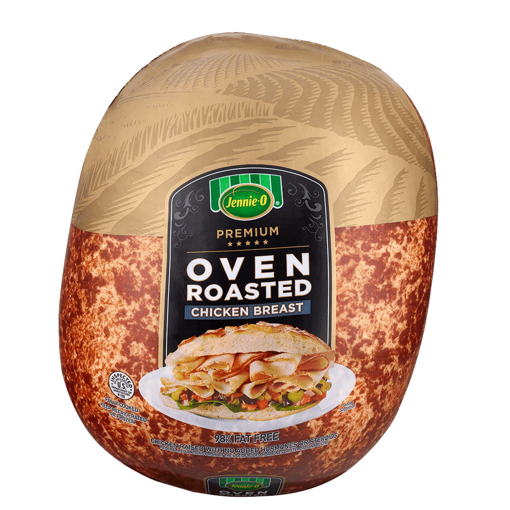 JENNIE-O® Premium Oven Roasted Chicken Breast in wrapped packaging with a picture of a turkey sandwich on a plate.