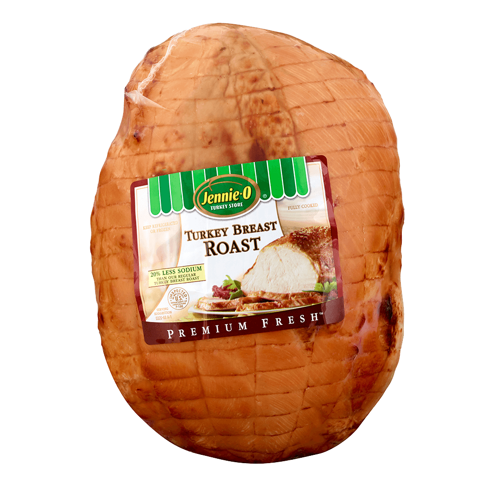 JENNIE-O® Turkey Breast Roast 20% Less Sodium in packaging with a picture of a savory turkey roast dinner.