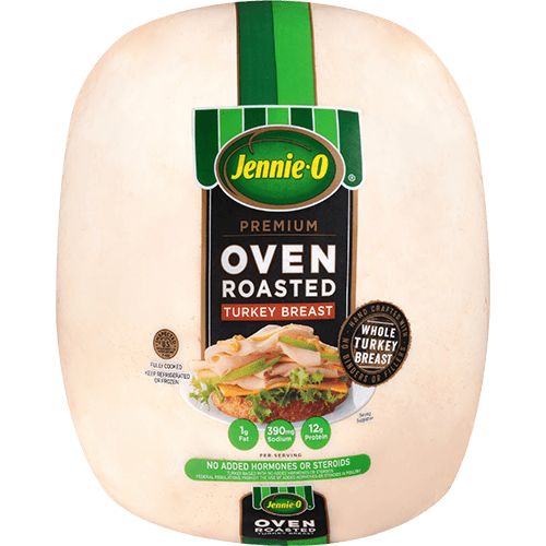 JENNIE-O® Premium Oven Roasted Turkey Breast in clear casing with an open faced sandwich lookin' good and tasty.