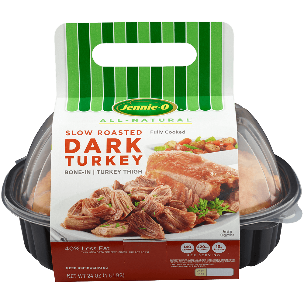 JENNIE-O® Slow Roasted Dark Turkey Bone-In Turkey Thigh in its black plastic container.