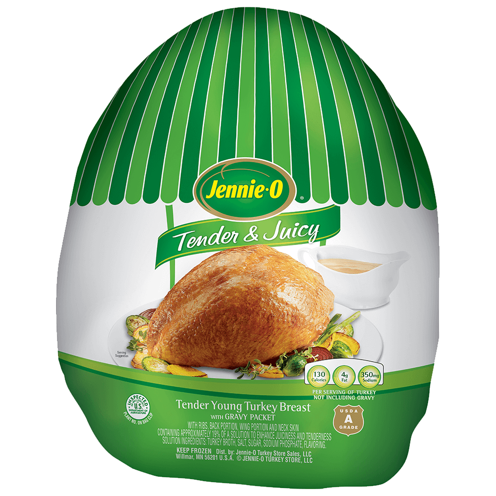 JENNIE-O® Tender & Juicy Tender Young Turkey Breast with Gravy Packet in its green and white packaging.