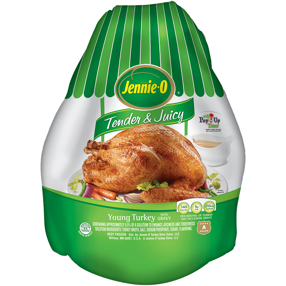 JENNIE-O® Tender & Juicy Young Turkey with Gravy in white and green packaging.