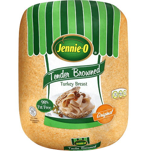 JENNIE-O® Tender Browned Turkey Breast in wrapped packaging with an open-faced turkey sandwich.