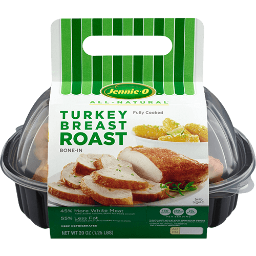 JENNIE-O® Turkey Breast Roast Bone-In in black plastic container with green and white sleeve.