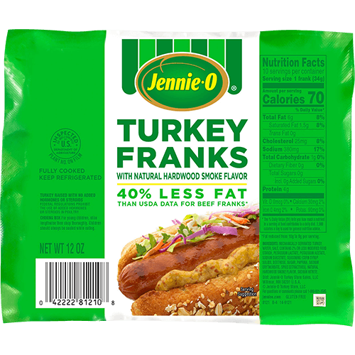 Green and white package of JENNIE-O® Turkey Franks with Natural Hardwood Smoked Flavor.