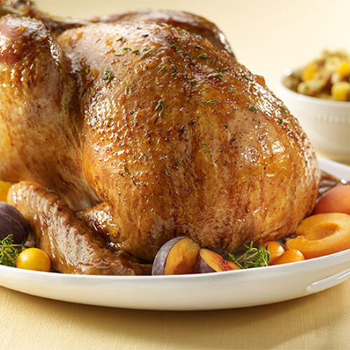 An apricot glazed turkey served atop vegetables and herbs on a white plate, with a side of hazelnut stuffing in a studded bowl.