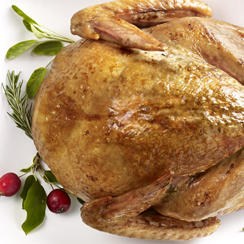 A moist tender turkey, seasoned with a fresh herb rub, and served with cranberries and herb sprigs, served on a white plate.