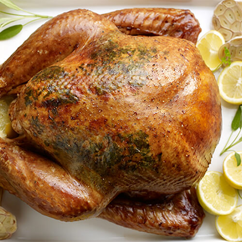 A whole, juicy turkey topped with herbs and served with a side of lemons and garlic bulbs on a white plate.