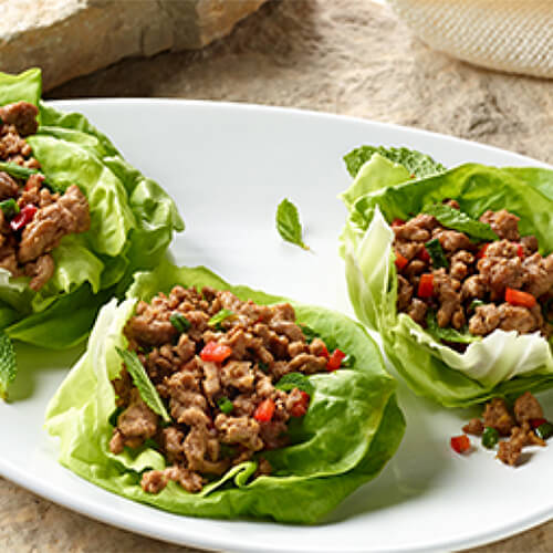 Seattle style turkey lettuce wraps on a white plate.