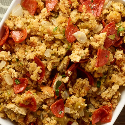 Classic cornbread stuffing but with the addition of green chilies, onions, garlic, and turkey pepperoni.