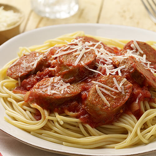 Spaghetti noodles topped with hot Italian turkey sausage, spaghetti sauce, and parmesan cheese.