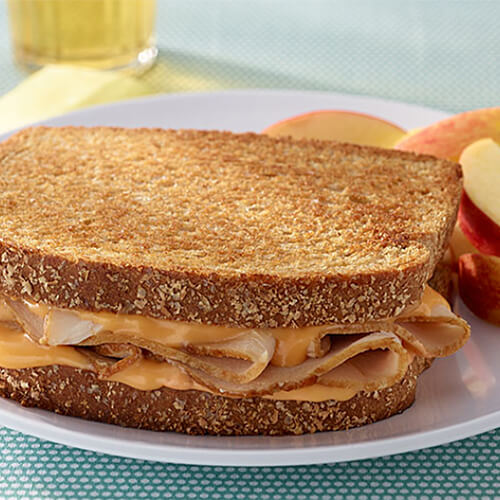 A hearty grilled cheese filled with ham, melty cheese, and a zing with a chipotle mayo spread, server on a white plate atop a blue tablecloth.