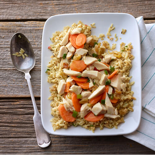 Chunks of turkey, sliced carrots, and green onions over a bed of rice on a white plate.