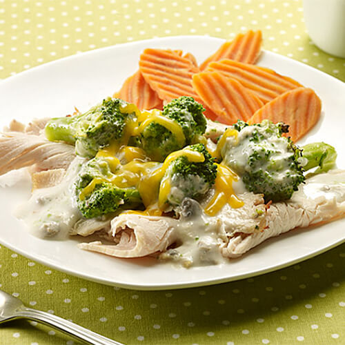 Turkey breast, a creamy sauce, soft broccoli and melted cheese, served on a white plate with a green patterned tablecloth.