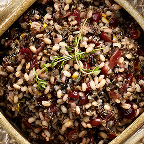 Wild rice and barley paired with cranberries and orange zest, served in a painted bowl atop a wired tablecloth.