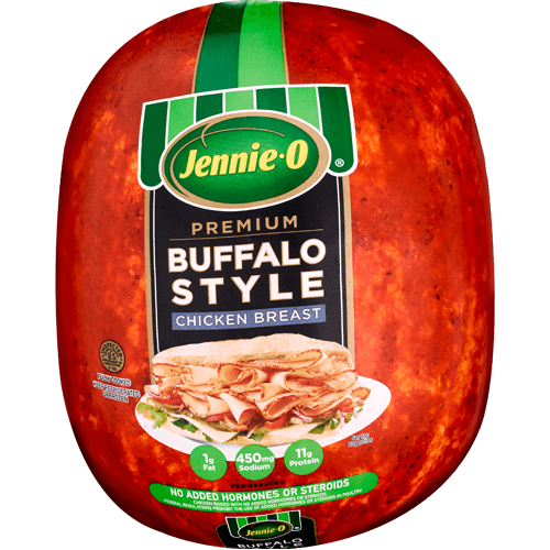 JENNIE-O® Premium Buffalo Style Chicken Breast in branded packaging with a picture of a chicken sandwich on a white plate.