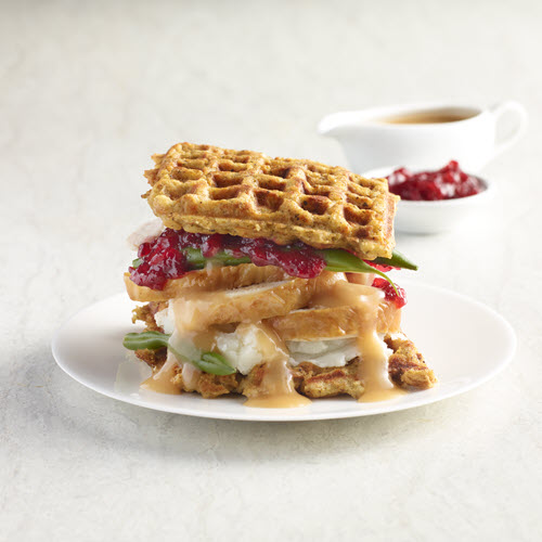 Jennieo waffled stuffing turkey sandwich